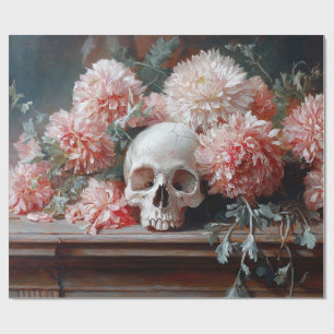 Vintage Skull and Light Pink Flowers Decoupage Wrapping Paper