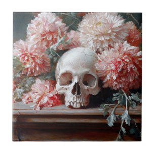 Vintage Skull and Light Pink Flowers Tile