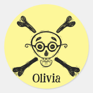 Vintage Skull & Crossbones with eyeglasses Yellow Classic Round Sticker