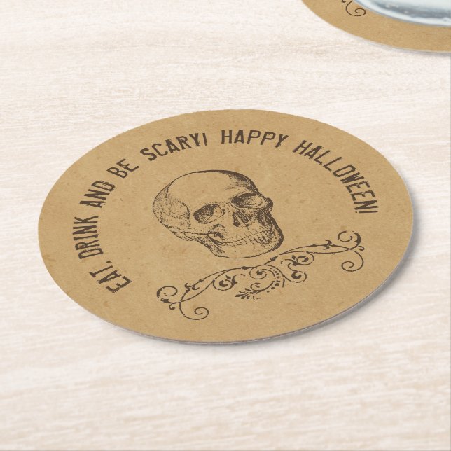 Vintage Skull Personalized Halloween Party Round Paper Coaster (Angled)