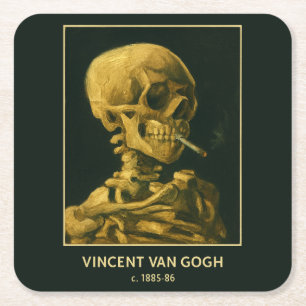 Vintage Skull Smoking – Unique Van Gogh Inspired  Square Paper Coaster