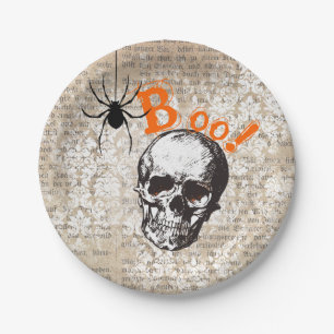 Vintage Skull & Spider Halloween Paper Plate