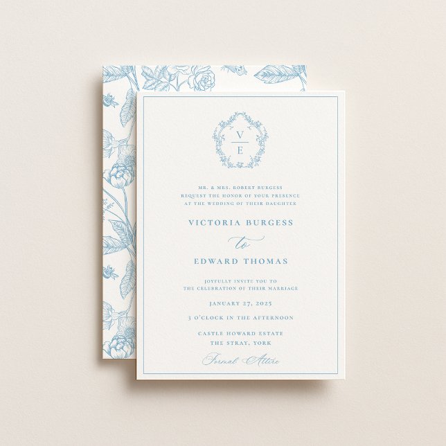 Vintage Sky Blue Crest Monogram Wedding Invitation (Creator Uploaded)