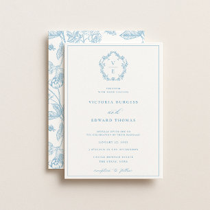 Vintage Sky Blue Crest Monogram Wedding Invitation