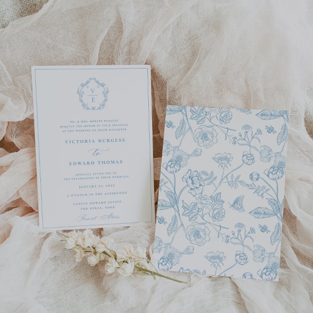 Vintage Sky Blue Crest Monogram Wedding Invitation (Creator Uploaded)