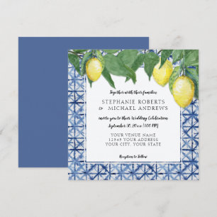 Vintage Sky Blue n White Shibori X Pattern Lemons Invitation