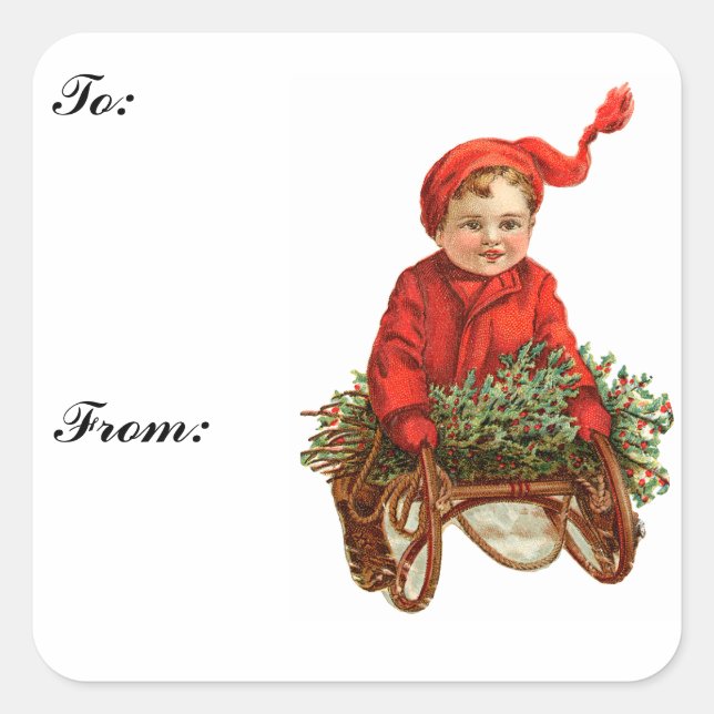 Vintage Sled and Child Gift Tag Sticker (Front)