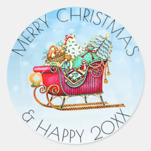 Vintage Sled or Sleigh with Gifts & Christmas Tree Classic Round Sticker