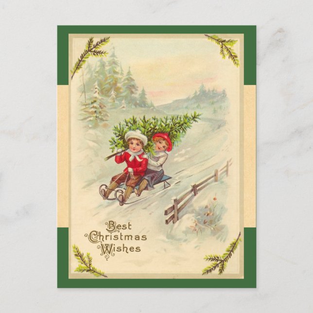 Vintage Sledding Children Christmas Postcard (Front)