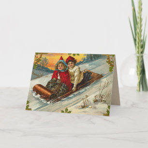 Vintage Sledding Fun Christmas Card
