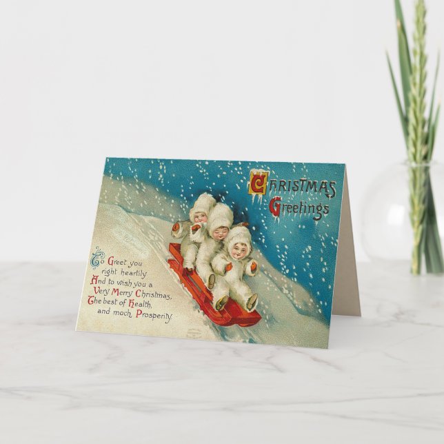 Vintage Sledding Snow Baby Christmas Card (Front)
