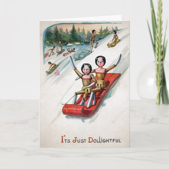 Vintage Sledding Wooden Dolls Holiday Card (Front)