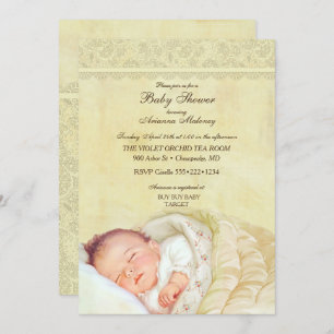 Vintage Sleeping Baby Soft Pastel Yellow Lace Invitation