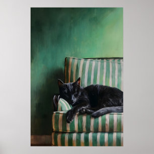 Vintage Sleeping Black Cat Art, Dark Academia Poster