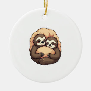 Vintage Sleepy Sloth Couple Cozy Bed Graphic 2 Ceramic Ornament