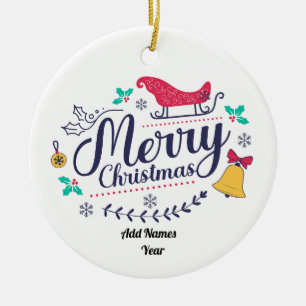 Vintage Sleigh & Bell Red & Blue Personalize Ceramic Ornament
