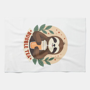 Vintage Sloth Bubble Tea Cute Retro Animal Art 2 Kitchen Towel