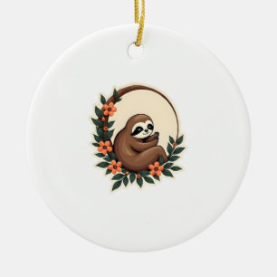Vintage Sloth Floral Botanical Retro Animal Art 2 Ceramic Ornament