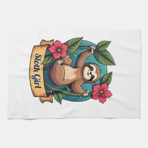Vintage Sloth Flower Girl Cute Tropical Retro Shir Kitchen Towel