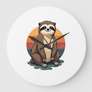 Vintage Sloth Heart Cute Retro Animal Illustration Large Clock