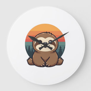 Vintage Sloth Illustration Cute Retro Animal Art 2 Large Clock