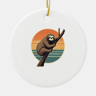 Vintage Sloth Sunset Vector Retro Hanging Art 2 Ceramic Ornament