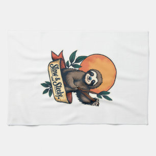 Vintage Sloth T-Shirt Slow and Steady Humor Design Kitchen Towel