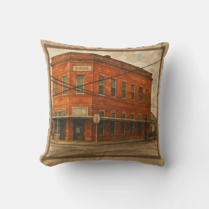 Vintage Small Town Brick Bank in Texas Throw Pillow