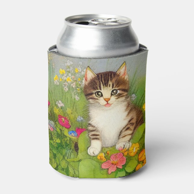 Vintage Smiling Cat Illustration Can Cooler (Can Front)