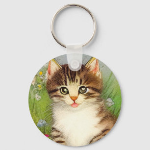 Vintage Smiling Cat Illustration Keychain