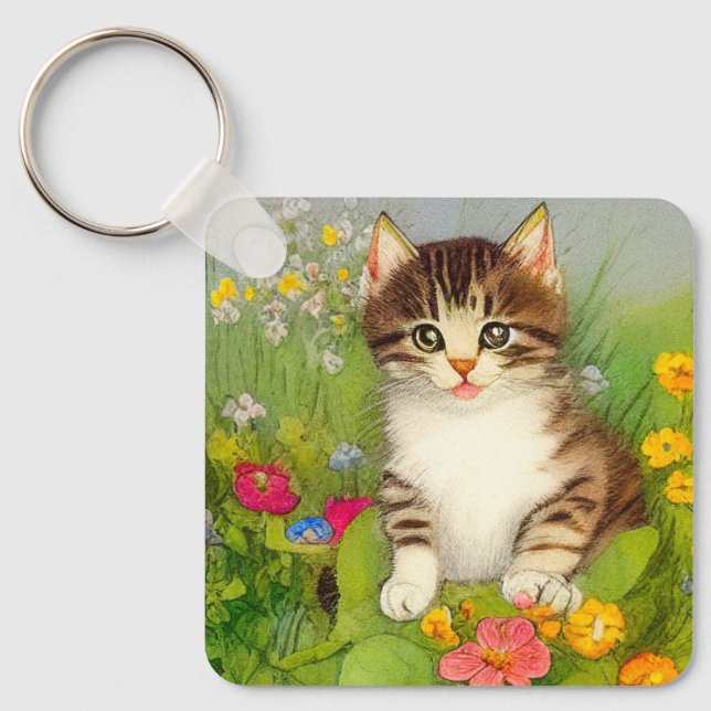 Vintage Smiling Cat Illustration Keychain (Front)