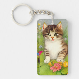 Vintage Smiling Cat Illustration Keychain