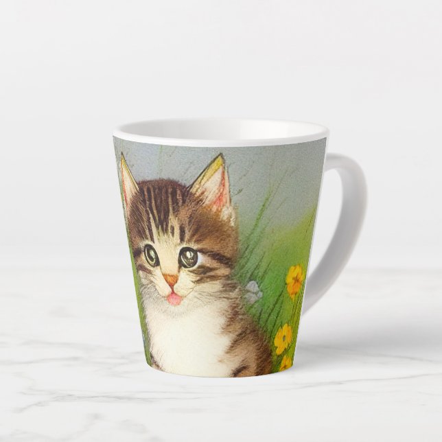 Vintage Smiling Cat Illustration Latte Mug (Right Angle)