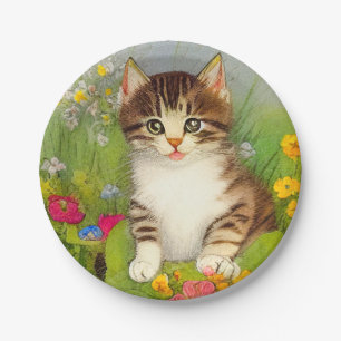 Vintage Smiling Cat Illustration Paper Plate