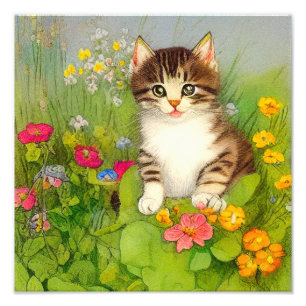 Vintage Smiling Cat Illustration Photo Print