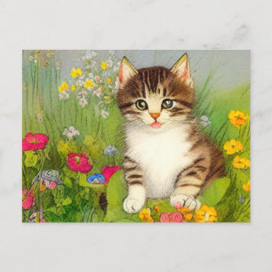 Vintage Smiling Cat Illustration Postcard