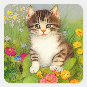 Vintage Smiling Cat Illustration Square Sticker