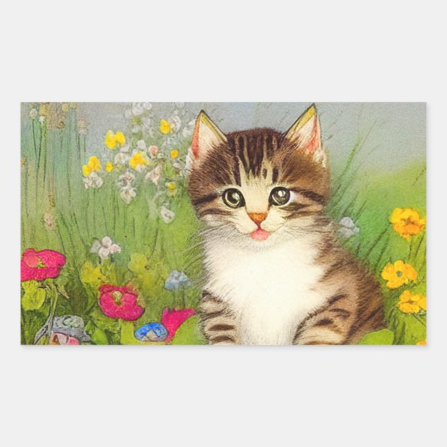 Vintage Smiling Cat Illustration Sticker (Front)