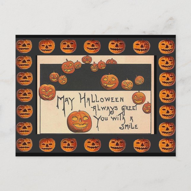 Vintage Smiling Halloween Jack o'Lanterns Postcard (Front)