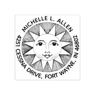 Vintage Smiling Sun Custom Round Return Address Rubber Stamp