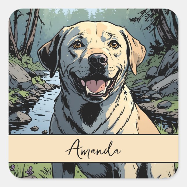 Vintage Smiling Yellow Labrador Retriever Square Sticker (Front)