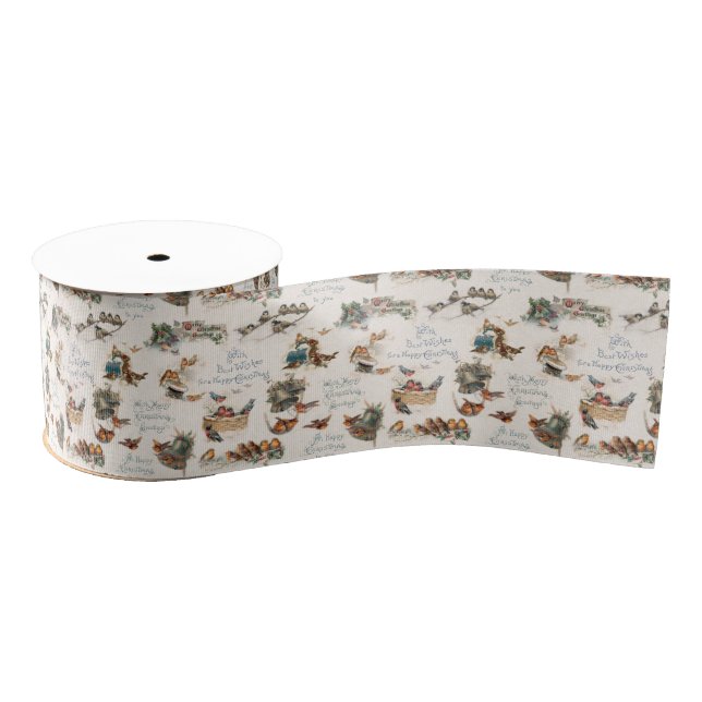 Vintage Snow Birds and Christmas Greetings Grosgrain Ribbon (Spool)