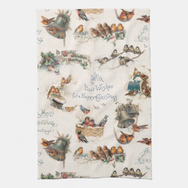 Vintage Snow Birds and Christmas Greetings Kitchen Towel (Vertical)
