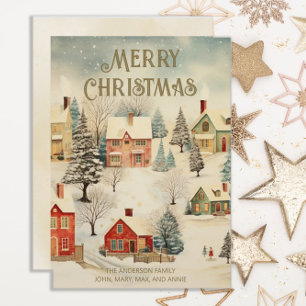 Vintage Snow Covered Village Merry Christmas Holiday Card