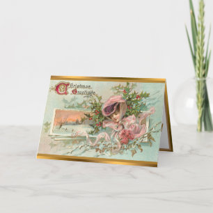 Vintage Snow Lady And Christmas Mistletoe Holiday Card