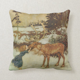 Vintage Snow Queen with Gerda and Reindeer Throw Pillow