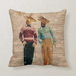 Vintage Snow Ski Deer Dictionary PagePillow Throw Pillow