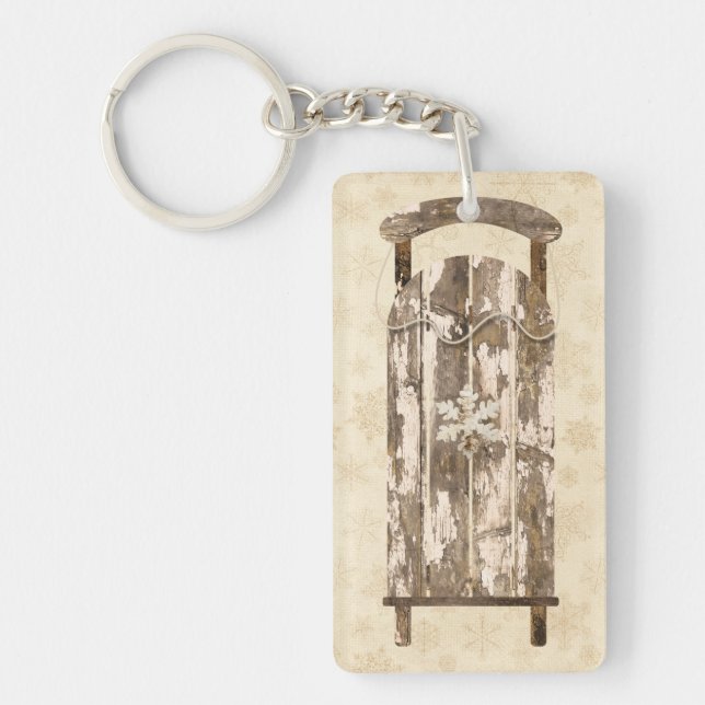 Vintage snow sled wood rustic winter snowflake keychain (Front)