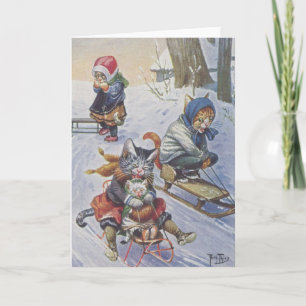 Vintage - Snow Sledding Cats, Holiday Card