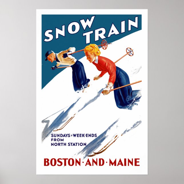 Vintage Snow Train Boston and Maine Travel Poster (Front)